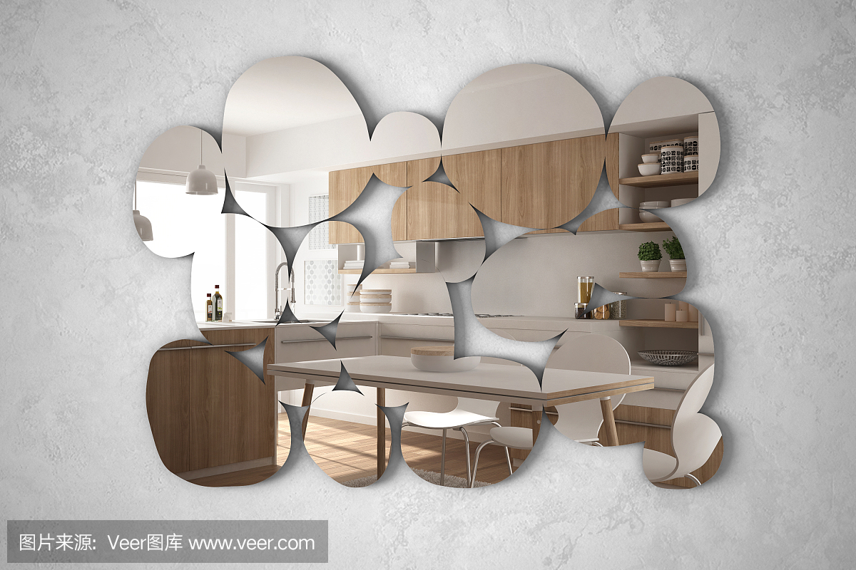 现代的镜子以鹅卵石的形状挂在墙上,反映出室内设计的场景,明亮的白色和带有水池的木制厨房,极简主义建筑师的设计理念理念